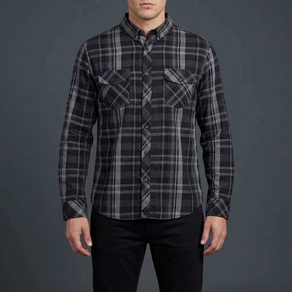 Rock‎ & Republic Plaid Flannel Shirt Mens L Grey Black Cotton EUC